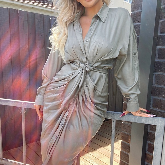 Olive Green Midi Shirt Dress - Picture 4 of 4